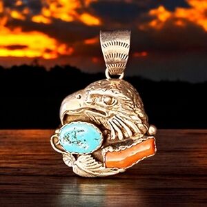 ✨OOAK! Roger Skeets Navajo Sterling Silver Turquoise and Red Coral EAGLE Pendant